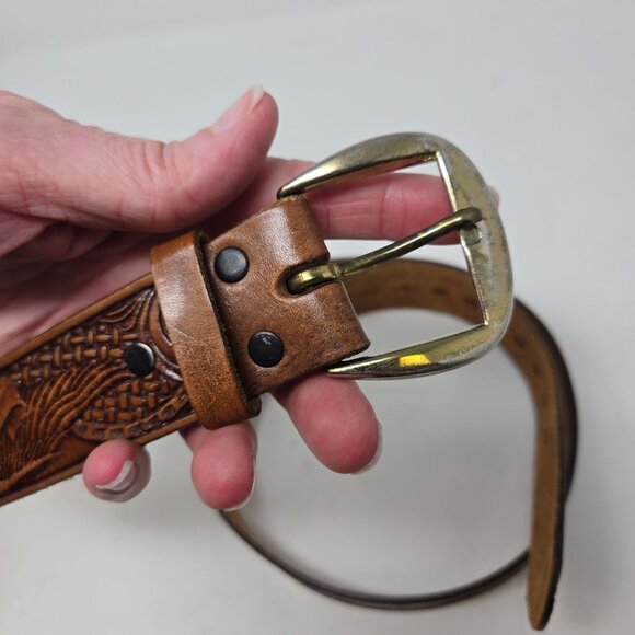 Western Tooled Leather Belt W/ Eagle Design 44" 1.5" Wide Top Grain Leather Bras - Picture 5 of 8